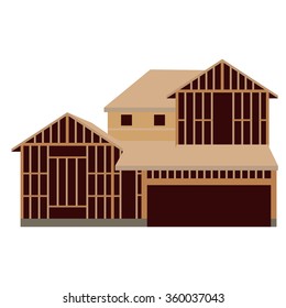 Raster Illustration Wooden Unfinished House Constuction. House Icon