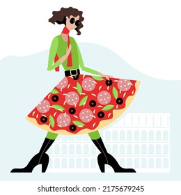 Raster image - a fashionable young woman supermodel in sunglasses, a green sweater and a fluffy skirt with a pizza print on the background of the Roman Colosseum.  Concept - banner - travel to italy