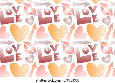 Raster love seamless background pattern in orange, red and pink colors. Love text and kissing lips on a white backdrop for print wrapping paper or textile. Raster illustration.