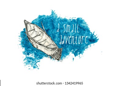 raster monochrome illustration of a canoe augmented with positive inscription and a turquoise watercolor spot as a background. - Powered by Shutterstock