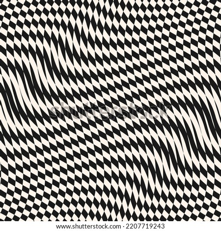 Raster monochrome seamless pattern with optical illusion effect. Simple abstract background with distorted checkered grid. Op art texture. Warp surface. Black and white repeat design for decor, print