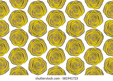 Raster open flowers and buds seamless pattern on a white background. A vintage style watercolor drawing of a branch of violet and yellow roses.