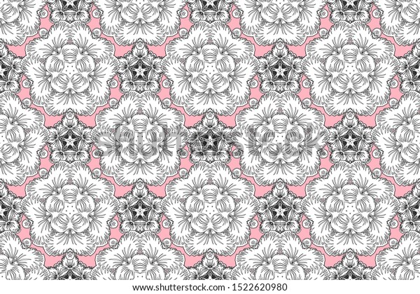 A raster ornament in east style.\
Design for the text, invitation cards, various printing editions.\
Seamless pattern with black, white and pink\
elements.
