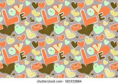 Raster romantic seamless pattern with hearts for your design in green and orange colors. Valentines day raster decoration. Raster illustration.