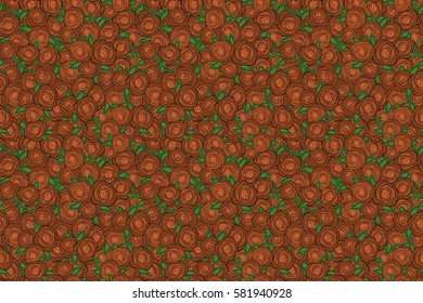 Raster seamless background with colored spots. Seamless background in orange roses and green leaves.
