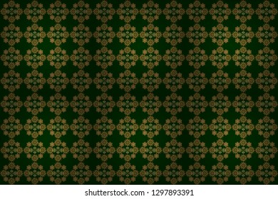 Raster Seamless Elements For Design. Islamic Card Background. Eastern Gold On A Green Background. Golden Grid In Oriental Style.