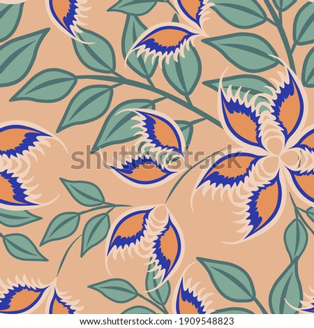 Raster seamless pattern with abstract flowers, leaves. Floral texture with simple silhouettes. Elegant vintage background. Orange, blue, green color. Repeat design for decor, textile, wallpaper, cloth