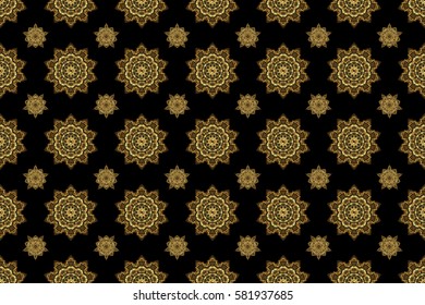 Raster seamless pattern with gold ornament. Traditional arabic decor on a black background. Vintage golden elements in Eastern style. Ornamental lace tracery. Golden ornate illustration for wallpaper.
