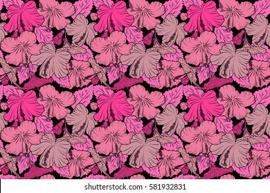 Raster seamless pattern of Hawaiian Aloha Shirt seamless design in pink colors on a black background.