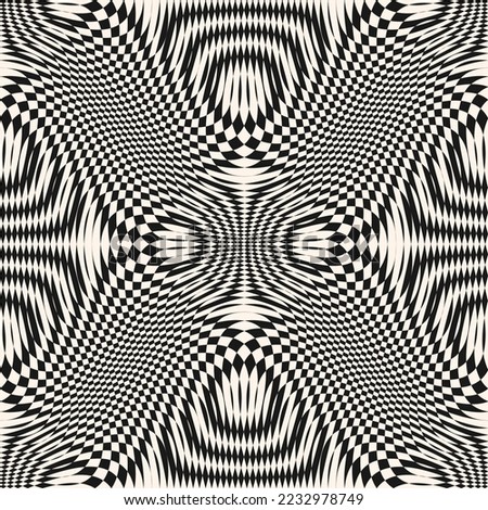 Raster seamless pattern with optical illusion effect. Simple abstract background, distorted checkered grid. Op art texture. Deformed surface. Black and white monochrome pattern. Retro style design