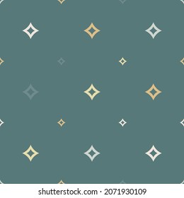 Raster Seamless Pattern With Small Diamond Shapes, Stars, Rhombuses. Abstract Teal, Gold, Beige Geometric Texture. Minimal Repeat Background. Subtle Kids Design For Decor, Wallpaper, Fabric, Wrapping