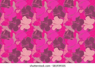 Raster seamless pattern of tropical hibiscus flowers in magenta, purple and pink colors with watercolor effect.