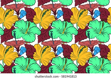 Raster seamless pattern of tropical hibiscus flowers in pink, yellow and red colors with watercolor effect on white background.