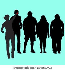 Raster silhouettes of a group of people of different proportions, thin and full in sportswear on vacation. Slim girl interviews a tall man. Fat woman in sunglasses.