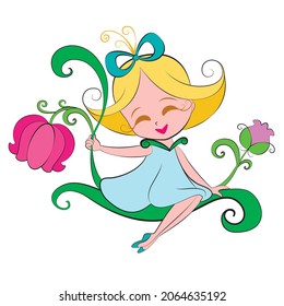 Raster simple children's illustration little cute pretty stylized fairy sitting decorative branch and leaves  flowers white background for postcards  textiles  goods for children 