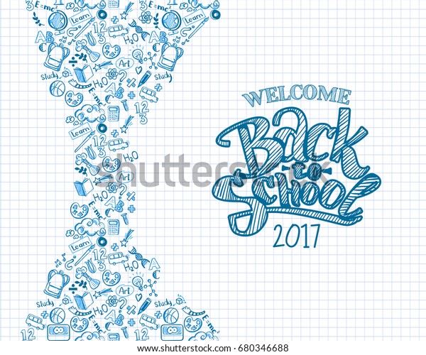 Raster sketch back to school background wit hand\
drawn typography logo. Doodle illustration of stationery isolated.\
Template can used for design, branding, web, brochures, folder,\
banners, leaflet.
