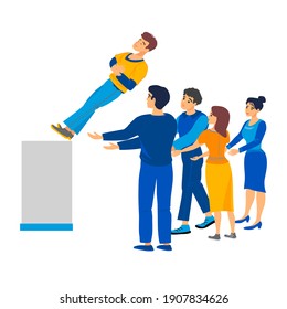 Raster, Stock, Color Illustration Of A Man And A Woman, A Group Of People Catch A Falling Support Man. Partnership, Team, Like-minded People, Acquaintance, Friendliness, Trust.