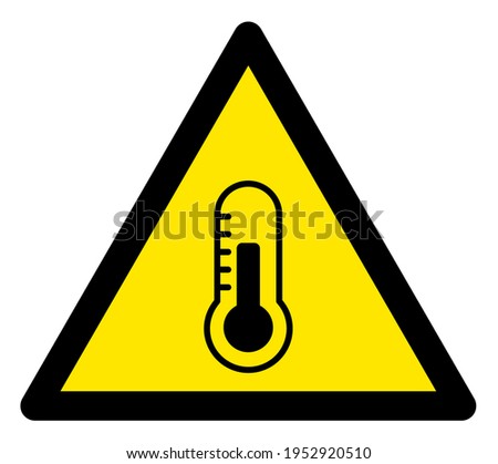 Raster temperature flat warning sign. Triangle icon uses black and yellow colors. Symbol style is a flat temperature hazard sign on a white background. Icons designed for notice signals, road signs,