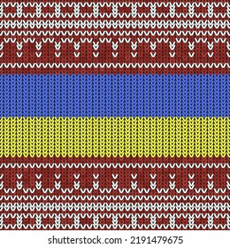 Raster Ukraine Colored Flag Sign On Dark Background. Ukrainian Peace Symbol. Blue Yellow Red Knitted Texture. Stylish Knit. Woolen Print. Fabric Pattern.