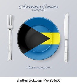 Raster Version. Authentic Cuisine Of The Bahamas. Plate With Bahamian Flag And Cutlery
