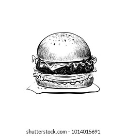 Burger Engraving Style Hand Drawn Vector Stock Vector (Royalty Free ...