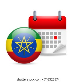 Raster Version. Calendar And Round Ethiopian Flag Icon. National Holiday In Ethiopia
