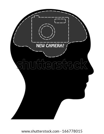 Raster version of camera sale concept with man head, brain, text and camera. Isolated easy to edit design.