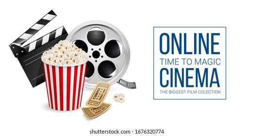 Raster version. Cinematograph Concept Banner Design Template with Movie Clapper Board, Cinema Ticket, Popcorn in the Striped Bag and Film Reel Over White Background
 - Powered by Shutterstock