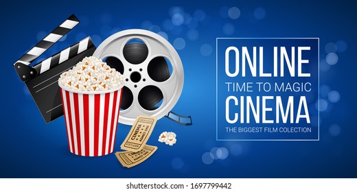 Raster version. Cinematograph Concept Banner Design Template with Movie Clapper Board, Cinema Ticket, Popcorn in the Striped Bag and Film Reel Over Blue Background with Light Effects
 - Powered by Shutterstock