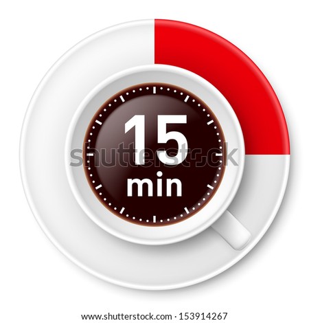Raster version. Cup of coffee with time limit for break: fiiteen minutes. Illustration on white background.