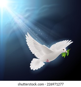 Raster version. Dove of peace flying with a green twig after flood on dark background 