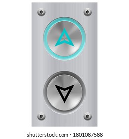 Raster Version. Elevator Call Buttons For Building Up And Down Each Floor, Push-Button With Arrow Symbol Displayed On Polished Stainless Steel