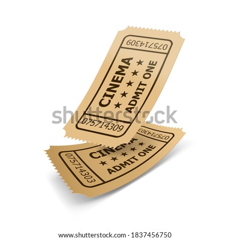 Raster version. Falling Two Vintage Retro Cinema Tickets Made of Yellow Textured Paper on White Background with Shadows. Vintage Retro Cinema Creative Concept