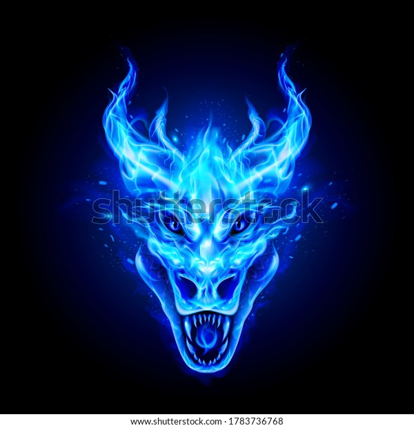 ラスターバージョン 暗い背景に青い炎の背景に火の竜の頭 バッジ エンブレム Tシャツ印刷用のモダンイラストコンセプトスタイル のイラスト素材