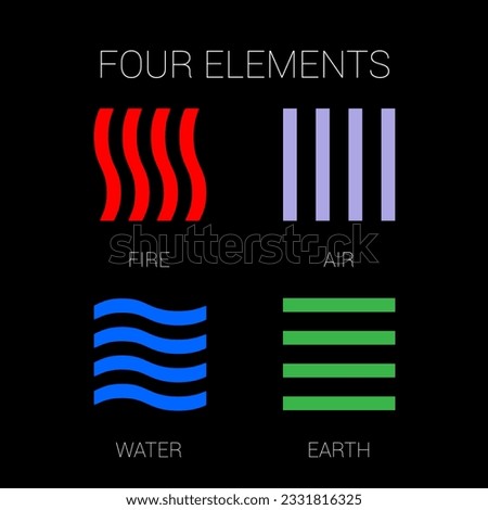 Raster version. Four Elements of Nature Fire, Air, Water, Earth. Templates for Renewable Energy or Ecology Logos, Emblems, or Cards. Abstract Concept of Alternative Energy Sources on Black Background