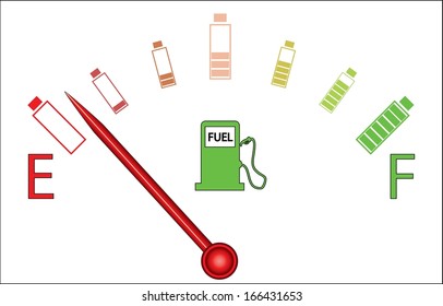 Raster Version Of Fuel Gauge With Colorful Batteries And Red Indicator. Isolated Eco Electric Car Fuel Measure Design.