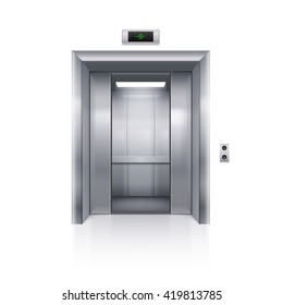 Raster Version. Half Open Chrome Metal Elevator Door On White Background
