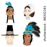 Raster version Illustration of 4 faces for Thanksgiving. Indians and Pilgrims