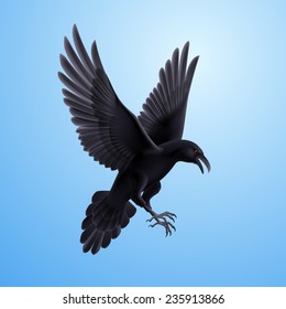 Raster version. Illustration of aggressive black raven on blue sky background 