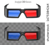 Raster version. Illustration of Anaglyph 3D Cinema Glasses. Stereoscopic Goggles Isolated Clipart on White and Transparent Background. Eyewear with Blue and Red Lens in Black Frame
