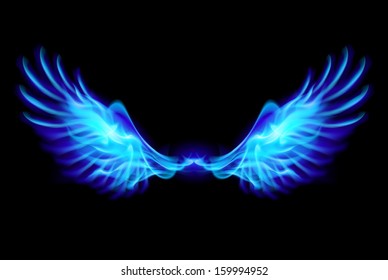 Raster version. Illustration of blue fire wings on balck background.
