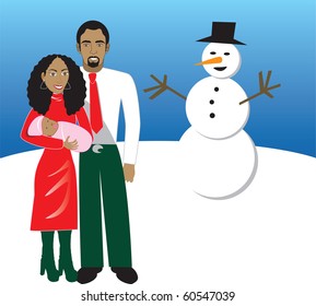 Raster Version Illustration Of Family Number 5. A Family Of 3 In Front Of Snowman During Christmas Time. Has Space For A Message.