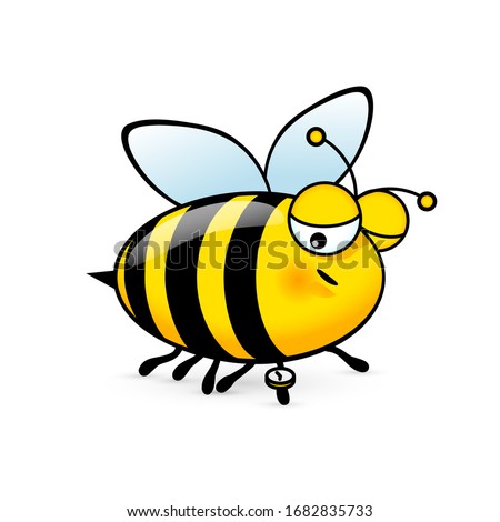 Raster version. Illustration of a Friendly Cute Sleepy Bee Looks at the Clock on White Background