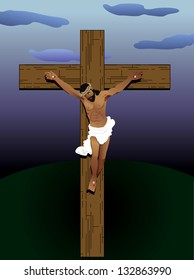 Raster version Illustration of Jesus Christ on cross. Hair of wool, skin of bronze and crown of thorns.