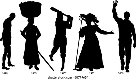 Raster Version Illustration Timeline For Black History Month. Slavery From 1619-1865, Jackie Wilson In 1947, Mahalia Jackson In 1952 And Barack Obama Became President In 2009.