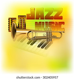 Raster version of a jazz background music, trumpet, guitar strings on the background Clavey piano with blurred multicolored texture