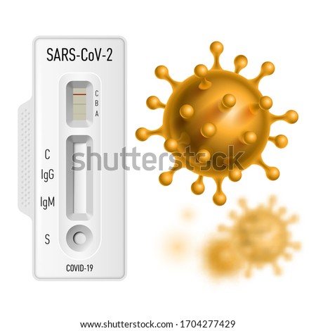 Raster version. Lab Card Kit to Detect COVID-19 Coronavirus in Patient Samples. Test IgM-IgG Rapid Test on White Background and Yellow Virus COVID-19 Cell in Spherical Shape with Long Antennas