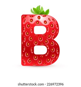 Raster Version. Letter B In Strawberry Style With Green Leaves 