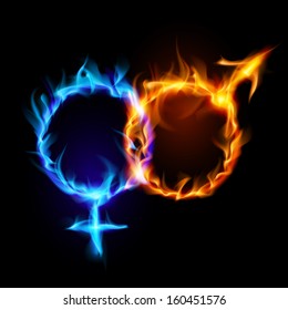 Raster Version. Mars And Venus Fire Symbols On Black Background. 