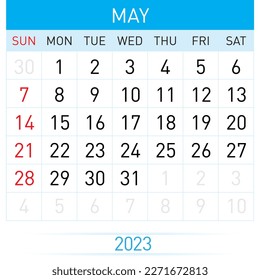 Raster version. May Planner Calendar 2023. Illustration of Calendar in Simple and Clean Table Style for Template Design on White Background. Week Starts on Sunday
 - Powered by Shutterstock